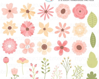 Pink & Yellow Floral Clipart Set - flowers, leaves, buds, floral, flower clip art set - Instant Download, Personal Use, Commercial Use, PNG