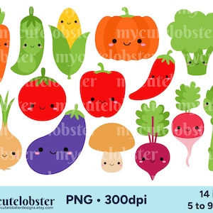 Cute Vegetables Clipart - clip art set of carrot, peas, broccoli, happy food clipart - Instant Download, Personal Use, Commercial Use, PNG