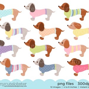 Whimsical Dachshunds Clipart Set - cute dogs with sweaters, pastel, dogs clip art - Instant Download, Personal Use, Commercial Use, PNG