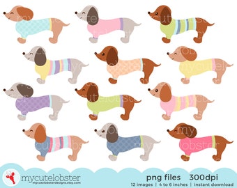 Whimsical Dachshunds Clipart Set - cute dogs with sweaters, pastel, dogs clip art - Instant Download, Personal Use, Commercial Use, PNG