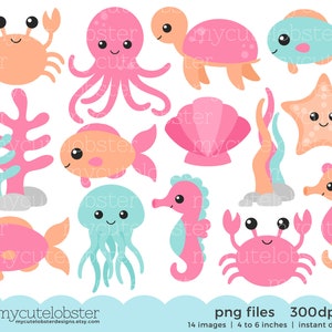 Pink and Peach Sea Creatures Clipart Set - clip art set of fish, octopus, jellyfish - Instant Download, Personal Use, Commercial Use, PNG