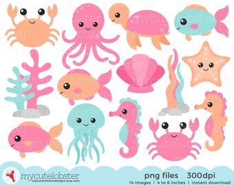 Pink and Peach Sea Creatures Clipart Set - clip art set of fish, octopus, jellyfish - Instant Download, Personal Use, Commercial Use, PNG