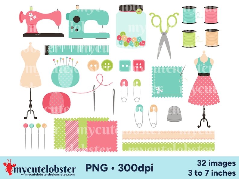 Clipart images featuring illustrations of sewing items, including sewing machines, spools, buttons, scissors, dress forms, measuring tape, ribbon, sewing pins, thimble, pins, fabric, needles and pin cushions.