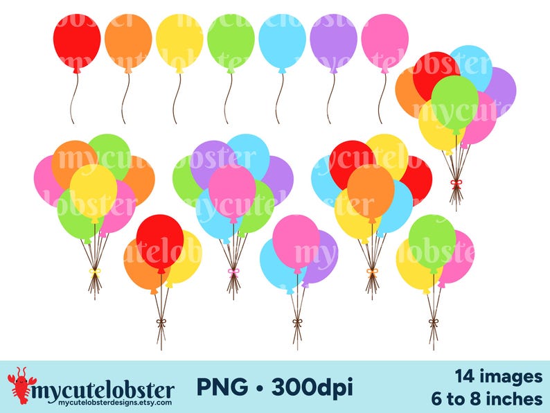 Clipart images featuring illustrations of balloons in rainbow colors.