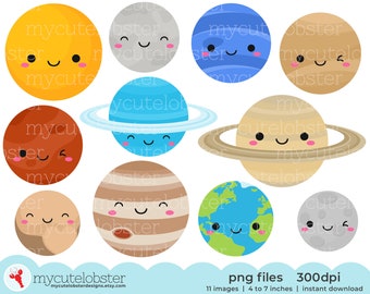 Cute Solar System Clipart - planets clip art set, space, Earth, Moon, Jupiter, Pluto - Instant Download, Personal Use, Commercial Use, PNG