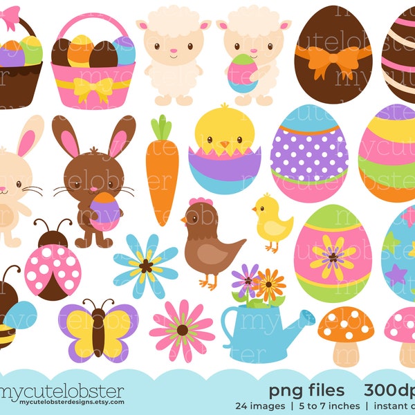 Easter Clipart - clip art set of Easter eggs, Easter rabbits, chicks, flowers - Instant Download, Personal Use, Commercial Use, PNG