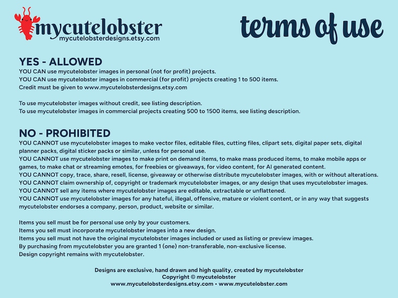 Terms of use for clipart images from mycutelobster.