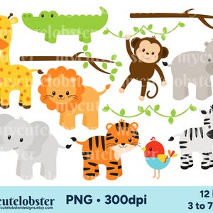 Animais de Safári Clipart - Animais Fofos PNG Clipart, Safari Clipart, Elefante, Girafa, Macaco - Uso Pessoal, Uso Comercial