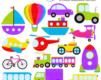 Rainbow Transport Clipart Set - clip art set of transportation, vehicles, cars, train - Instant Download, Personal Use, Commercial Use, PNG