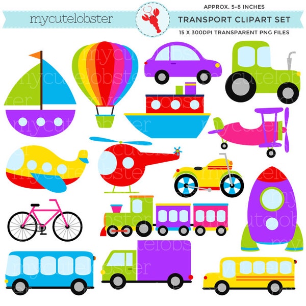 Rainbow Transport Clipart Set - clip art set of transportation, vehicles, cars, train - Instant Download, Personal Use, Commercial Use, PNG