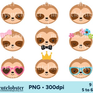 Sloth Faces Clipart - set van schattige luiaards, slaperige luiaards, gelukkige luiaards - Instant Download, persoonlijk gebruik, commercieel gebruik, PNG