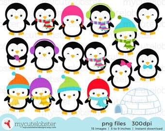 Penguins Clipart - clip art set of penguins, winter penguins, igloo, scarfs, hats - Instant Download, Personal Use, Commercial Use, PNG