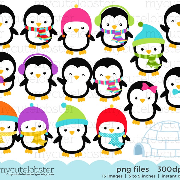 Penguins Clipart - conjunto de imágenes prediseñadas de pingüinos, pingüinos de invierno, iglú, bufandas, sombreros - Descarga instantánea, uso personal, uso comercial, PNG