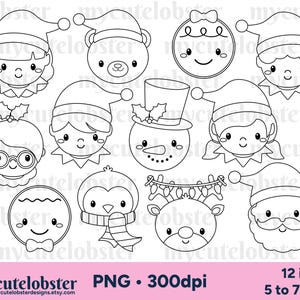 Sellos digitales de caras de Navidad - caras lindas, conjunto de sellos digitales de Navidad, santa, elfo - Descarga instantánea, uso personal, uso comercial, PNG