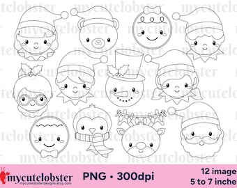 Christmas Faces Digital Stamps, Festive Clipart Set, PNG Outlines