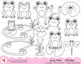 Frogs Digital Stamps - frog line art, cute frogs outlines, dragonfly, digi stamp set - Instant Download, Personal Use, Commercial Use, PNG