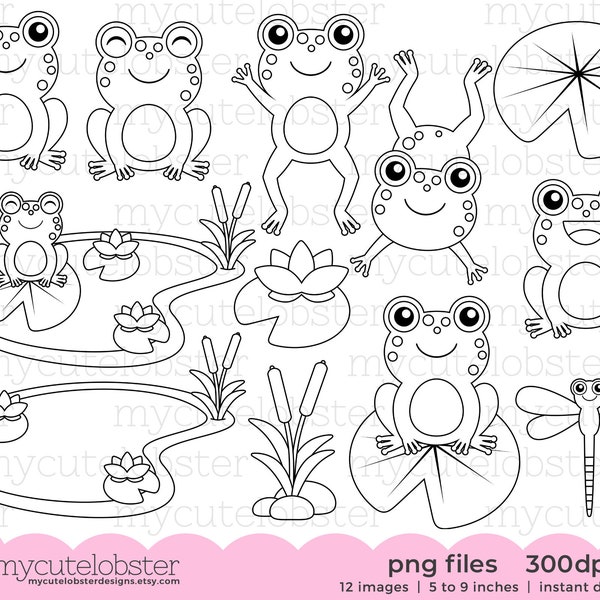 Frogs Digital Stamps - frog line art, cute frogs outlines, dragonfly, digi stamp set - Instant Download, Personal Use, Commercial Use, PNG