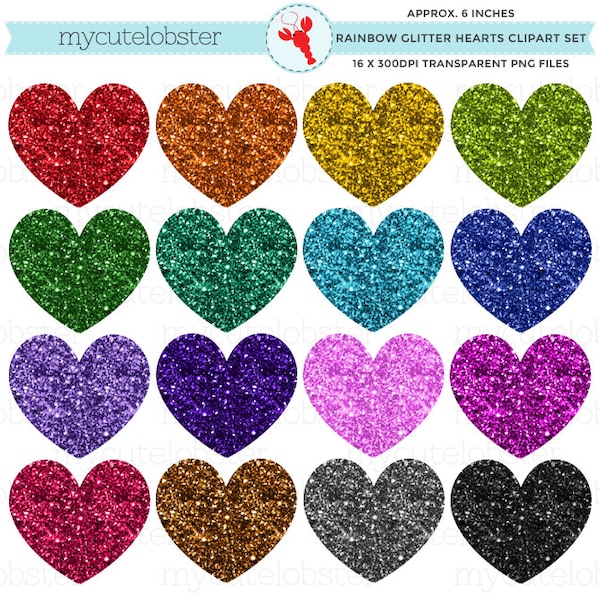 Glitter Hearts Clipart Set - clip art set of rainbow hearts, glitter hearts, sparkles - Instant Download, Personal Use, Commercial Use, PNG