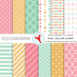 Pink, Yellow, Mint Digital Paper - patterned paper, polka, stripe, swirls, arrows - Instant Download, Personal Use, Commercial Use, PNG