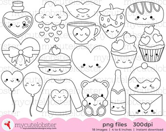 Cute Valentine's Digital Stamps - cute digi stamp set, Valentine's Day outlines, love - Instant Download, Personal Use, Commercial Use, PNG