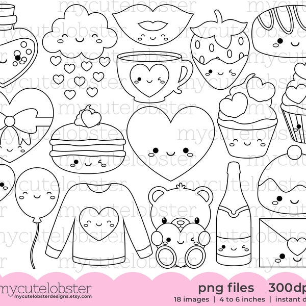 Cute Valentine's Digital Stamps - cute digi stamp set, Valentine's Day outlines, love - Instant Download, Personal Use, Commercial Use, PNG