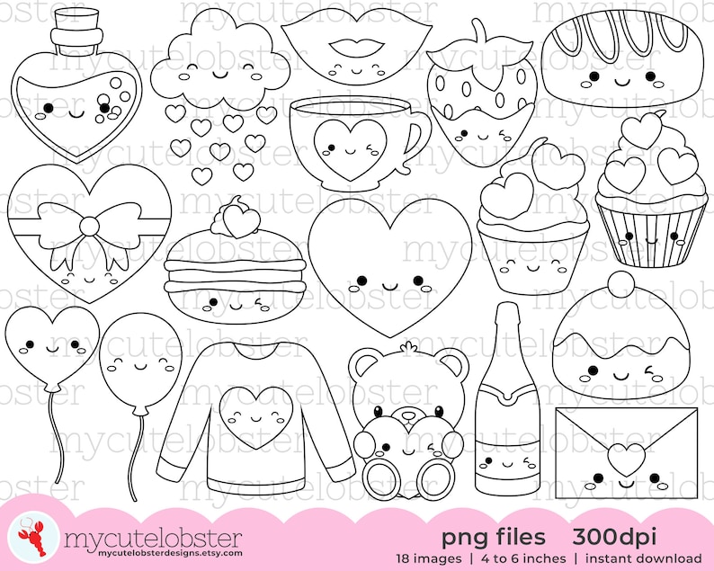 Cute Valentine's Digital Stamps cute digi stamp set, Valentine's Day outlines, love Instant Download, Personal Use, Commercial Use, PNG image 1