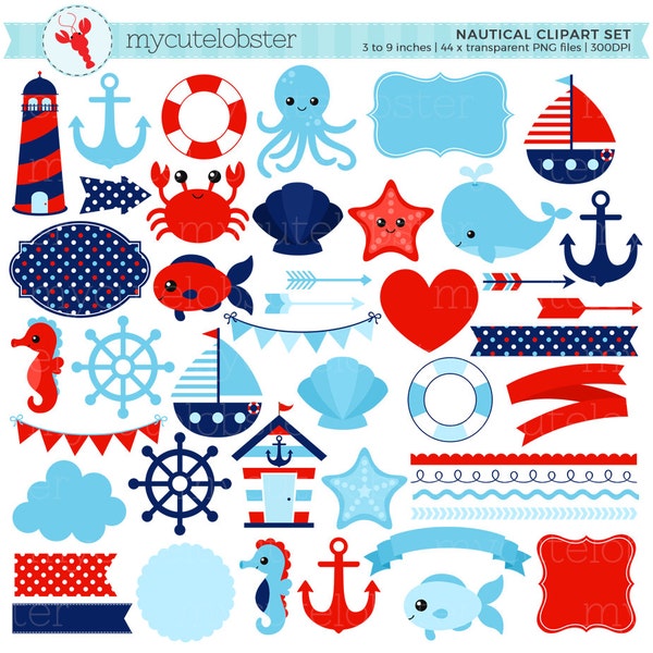 Nautical Clipart Set - ocean clip art, crab, lighthouse, sea, borders, frames, arrows - Instant Download, Personal Use, Commercial Use, PNG