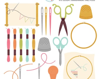 Cross Stitch & Embroidery Clipart Set - sewing, stitching, scissors, threads, thimble - Instant Download, Personal Use, Commercial Use, PNG