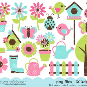 Spring Garden Clipart Set - flowers, birds, butterflies, garden, nature, ladybugs - Instant Download, Personal Use, Commercial Use, PNG