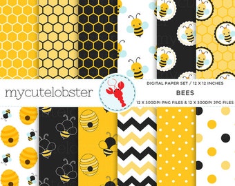 Bees Digital Paper Set - bee patterned paper pack, honeycomb, chevron, yellow, black - Instant Download, Personal Use, Commercial Use, PNG
