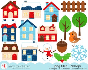 Winter Houses Clipart - set of winter houses, cute houses, buildings clip art, trees - Instant Download, Personal Use, Commercial Use, PNG