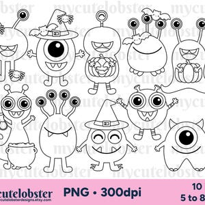 Digitale postzegels Halloween-monsters - schattige monsters digipostzegels, Halloween-lijntekeningen - Instant Download, persoonlijk gebruik, commercieel gebruik, png