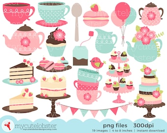 Afternoon Tea Clipart Set - clip art set, vintage tea party, cakes, teapot, macarons - Instant Download, Personal Use, Commercial Use, PNG