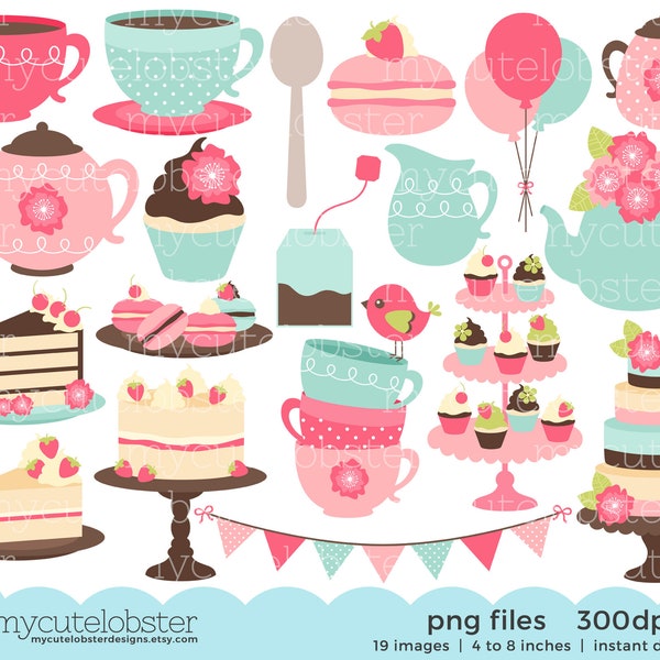 Afternoon Tea Clipart Set - clip art set, vintage tea party, cakes, teapot, macarons - Instant Download, Personal Use, Commercial Use, PNG