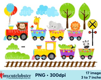 May include: A set of 17 digital clipart images featuring a colorful train with various animal passengers. The train cars are decorated with flags and stripes. The animals include a monkey, giraffe, elephant, lion, crocodile, and zebra. The train is on a brown track with green bushes and clouds in the background. The images are 3 to 7 inches in size and 300 dpi.