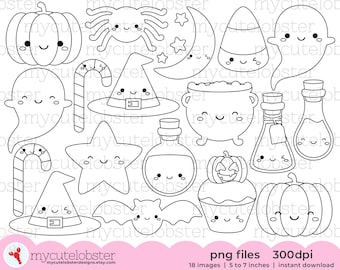 Cute Halloween Digital Stamps - Halloween outlines, cute ghosts, pumpkins, line art - Instant Download, Personal Use, Commercial Use, PNG