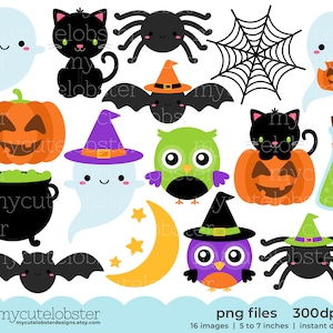 Halloween Friends Clipart - cute halloween clip art set, ghosts, owls, bats, spiders - Instant Download, Personal Use, Commercial Use, PNG