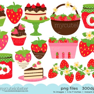 Strawberries Clipart Set - clip art set of strawberries, strawberry, jam, cake, fruit - Instant Download, Personal Use, Commercial Use, PNG