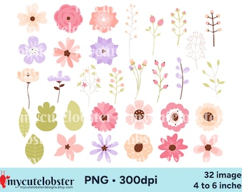 Flowers Clipart - pastel floral graphics, flower clip art, PNG Digital Download