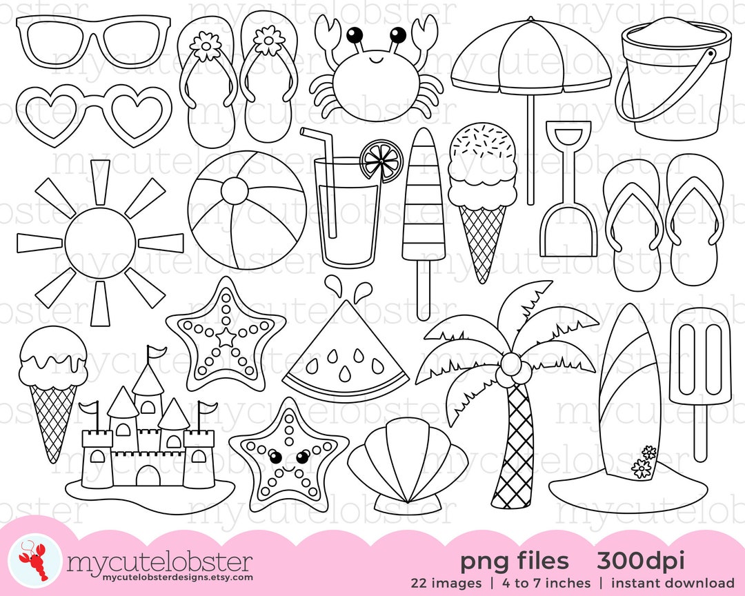 Beach Fun Digital Stamps Outlines, Line Art, Crab, Ice Cream, Beach ...