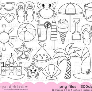 Beach Fun Digital Stamps - outlines, line art, crab, ice cream, beach digi stamp set - Instant Download, Personal Use, Commercial Use, PNG