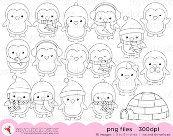 Cute Penguins Digital Stamps - penguin outlines, line art, igloo, stamps, coloring - personal use, small commercial use, instant download