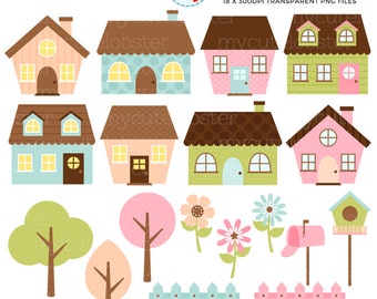 Pastel Houses Clipart Set - clip art set of cute houses, trees, fences, pastel house - Instant Download, Personal Use, Commercial Use, PNG