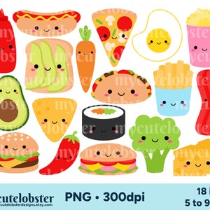 Schattig hartig eten clipart - set van happy food, avocado, pizza, voedsel illustraties - Instant Download, persoonlijk gebruik, commercieel gebruik, PNG