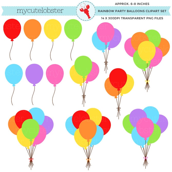 Rainbow Party Balloons Clipart Set Clip Art Set of Balloons | Etsy