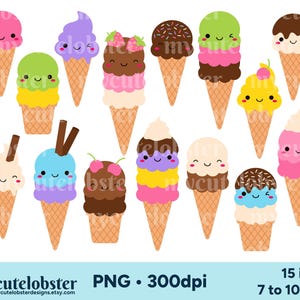 Süße Eistüten Clipart - Set fröhliche Eis, süße Eistüten, Sommer - zum sofortigen Download, kommerzielle Nutzung, kommerzielle Nutzung, PNG