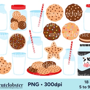 Milk & Cookies Clipart - zestaw clipartów ciasteczek, mleka, butelek, kawałków czekolady - Natychmiastowe pobranie, Użytek osobisty, Użytek komercyjny, PNG
