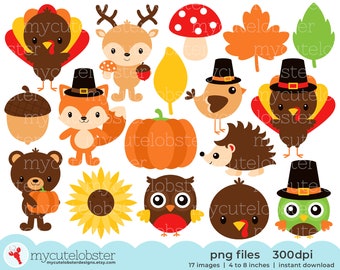 Thanksgiving Friends Clipart - cute animals clip art, turkeys, fox, deer, fall animals - Instant Download, Personal Use, Commercial Use, PNG