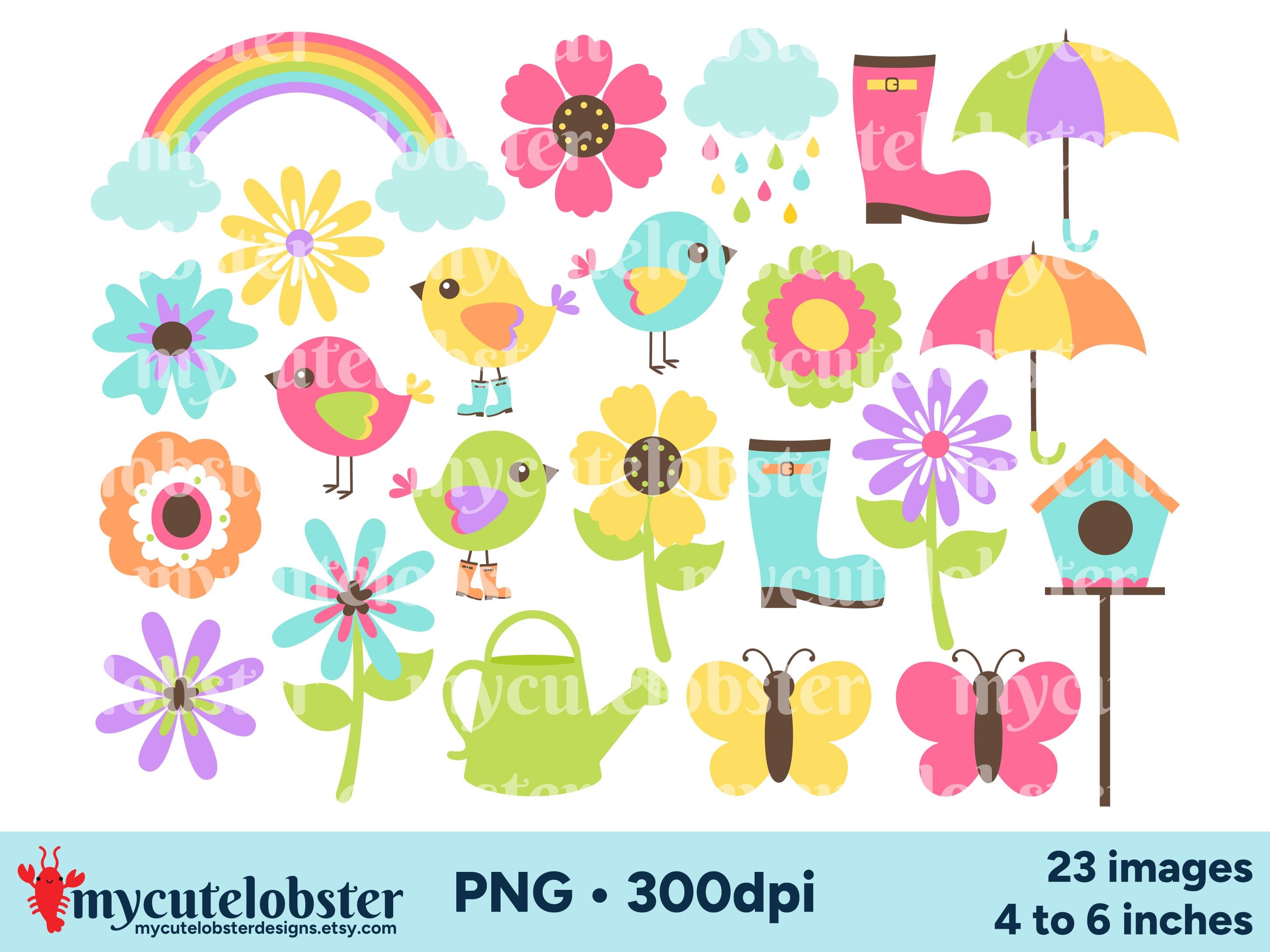 Spring Clipart, Springtime Clipart, Flowers Clipart, Rainbow Clipart, Spring PNG, Cute Birds Clipart, Personal Use, Commercial Use