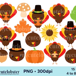 Thanksgiving Turkeys Clipart - set of cute turkeys, Thanksgiving turkey, pumpkin - Instant Download, Personal Use, Commercial Use, PNG